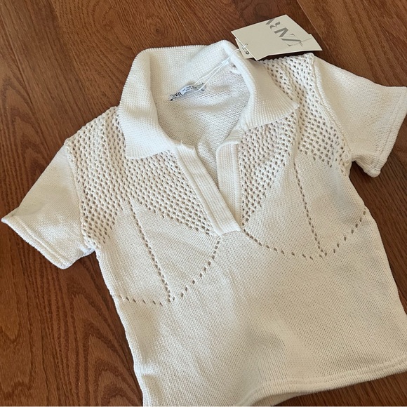 Zara Tops - Zara White Open-Knit Polo Short Sleeve Top